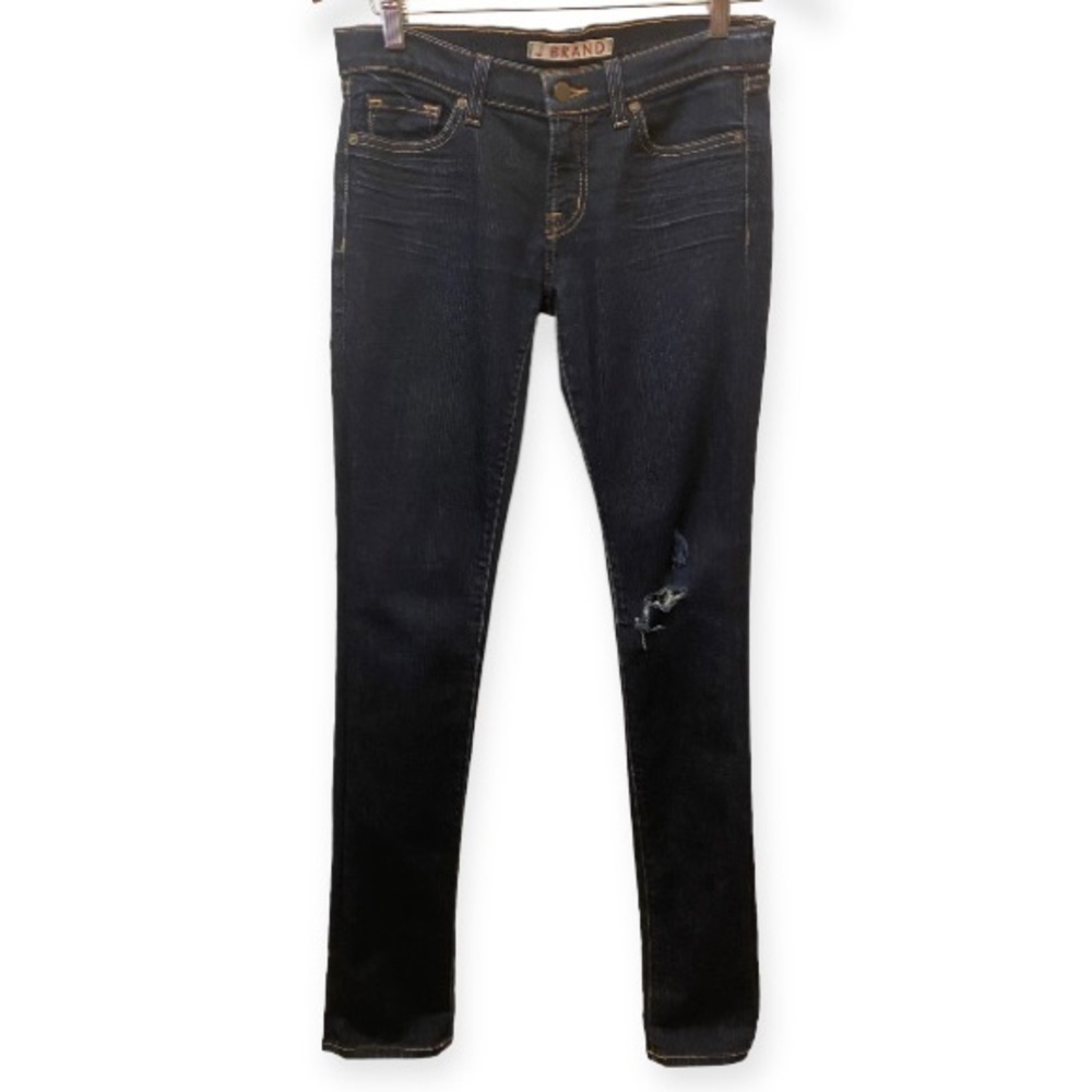 J Brand 4 (27) Pencil Leg Low Rise Stretch Jeans In 912 Ink Distressed Knee